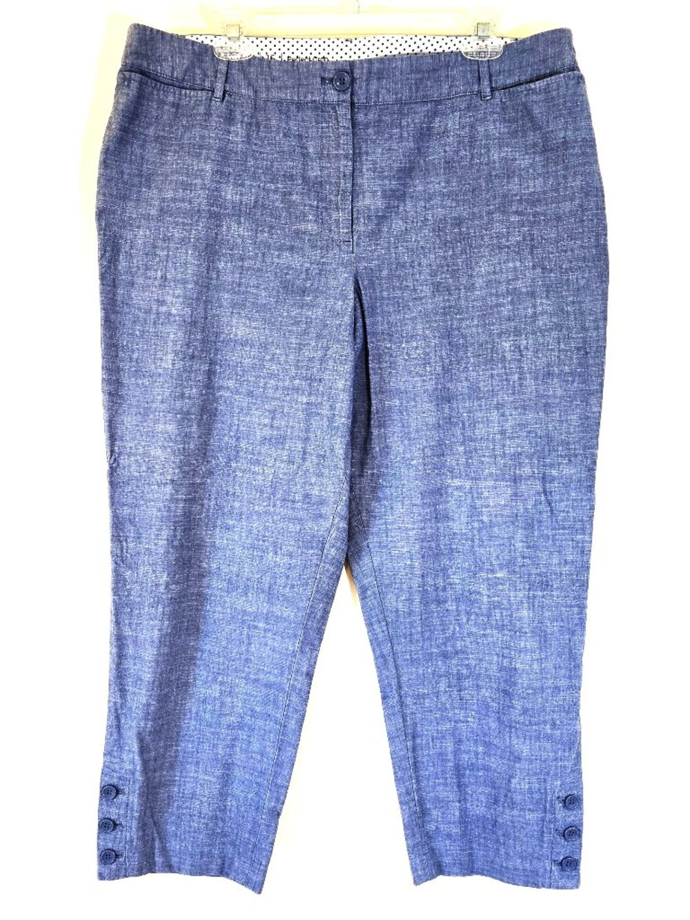 Talbots Perfect Crop Blue Chambray Cotton Pants, Button Hem Accent Size 16
